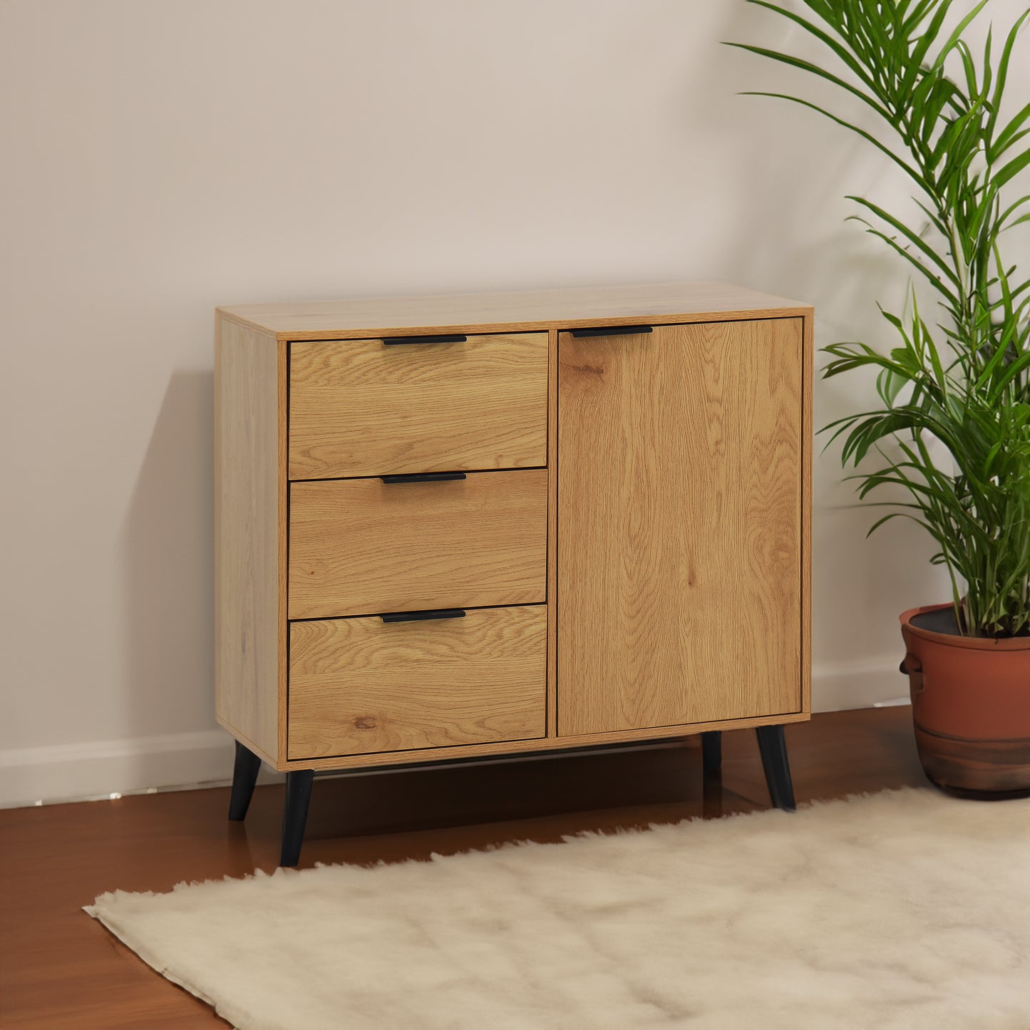 Storage cabinet with 3 drawers and adjustable shelves, medieval cabinet with doors in natural wood color