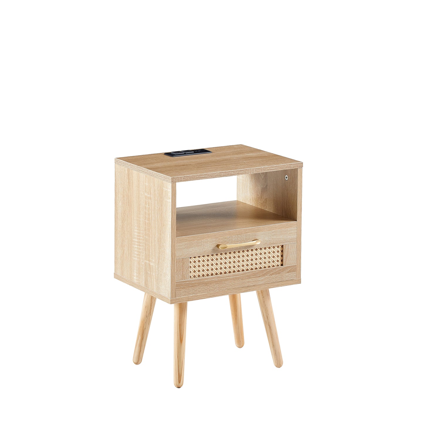 Rattan End table with Power Outlet & USB Ports Modern nightstand with drawer and solid wood legs