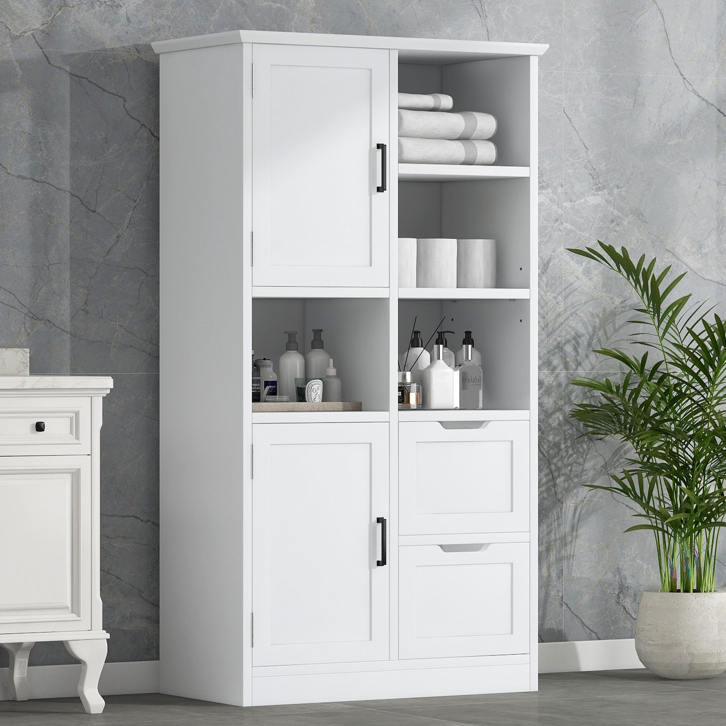 Bathroom storage cabinet with doors and drawers, multiple storage spaces, independent, open adjustable shelves, white