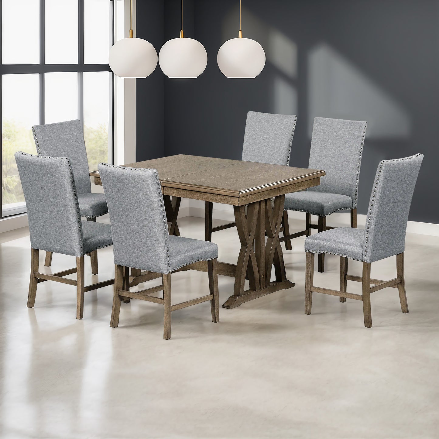 Juego de mesa de comedor expandible de 7 piezas de madera maciza TOPMAX de mediados de siglo con sillas con cojines suaves, marrón dorado y gris