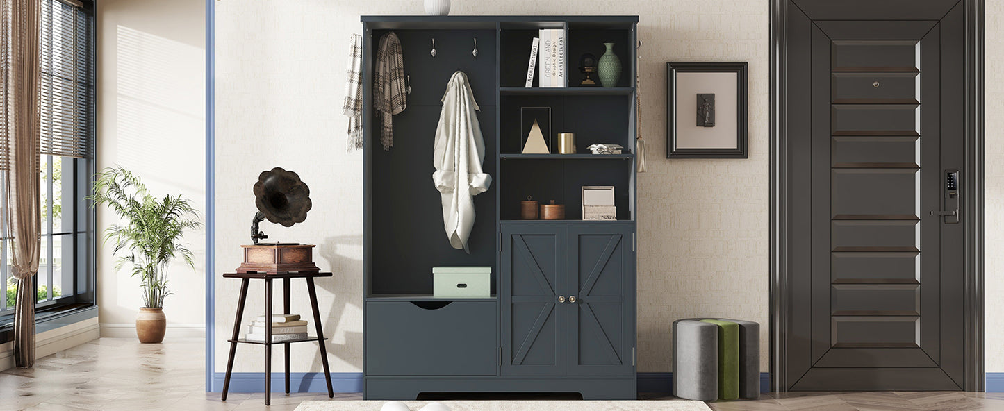 Multi-functional Hall Tree with Storage Shelves Drawers and Cabinet, Elegant Hallway Shoe Cabinet with Bench Antique Blue