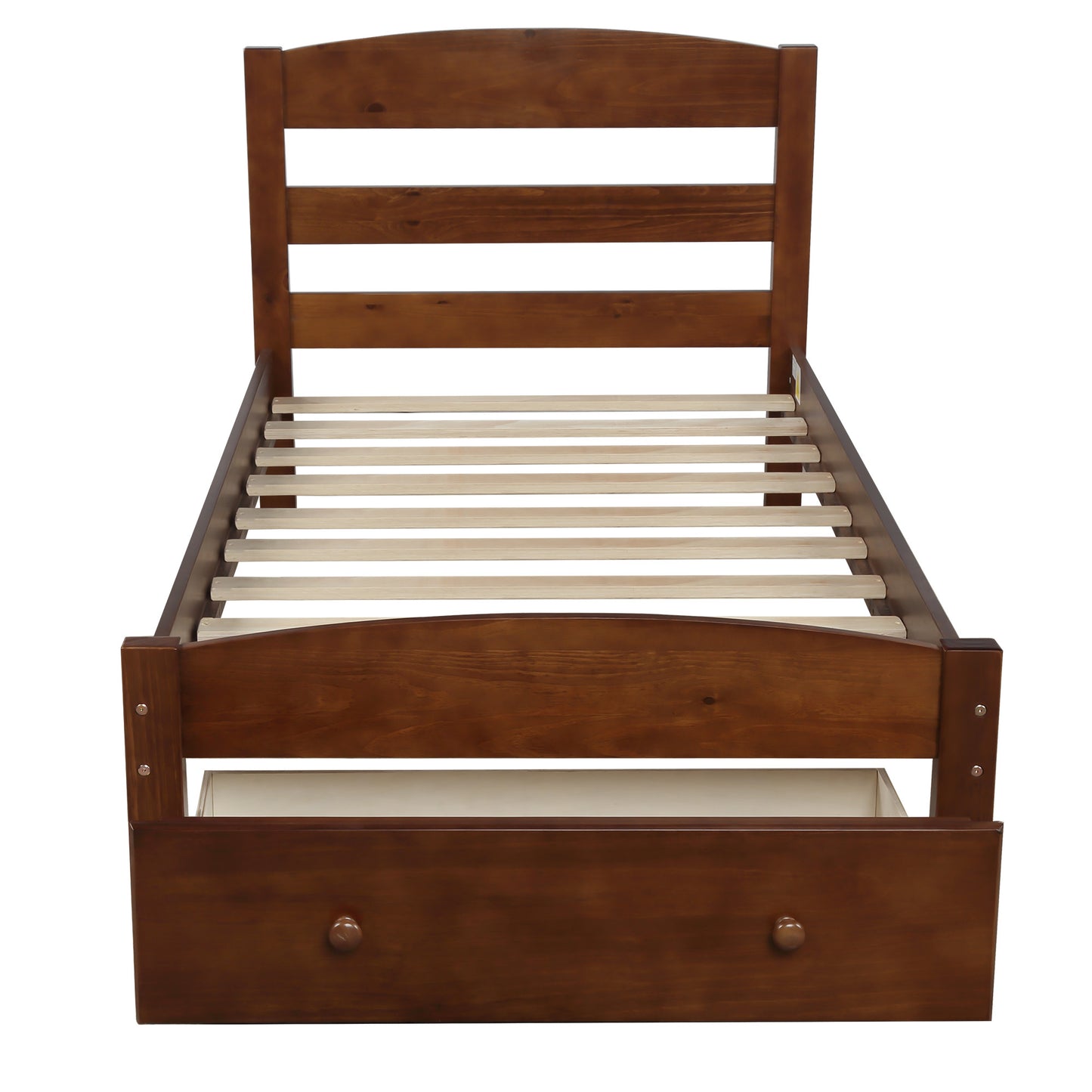 Platform Twin Bed Frame with Storage Drawer and Wood Slat Support No Box Spring Needed Walnut