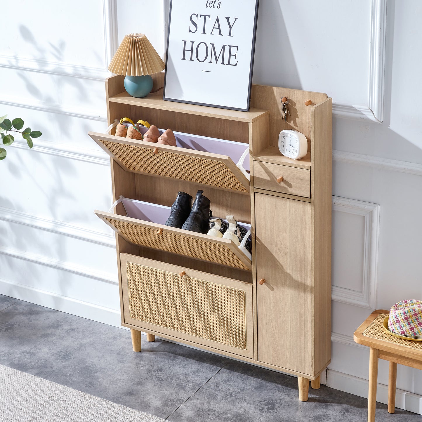 Modern minimalist storage cabinet MDF bed top cabinet Japanese rattan shoe cabinet, small home furniture