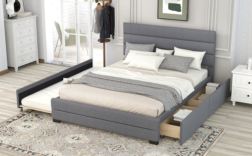 Queen Upholstered Platform Bed with Twin Size Trundle and Two Drawers Grey