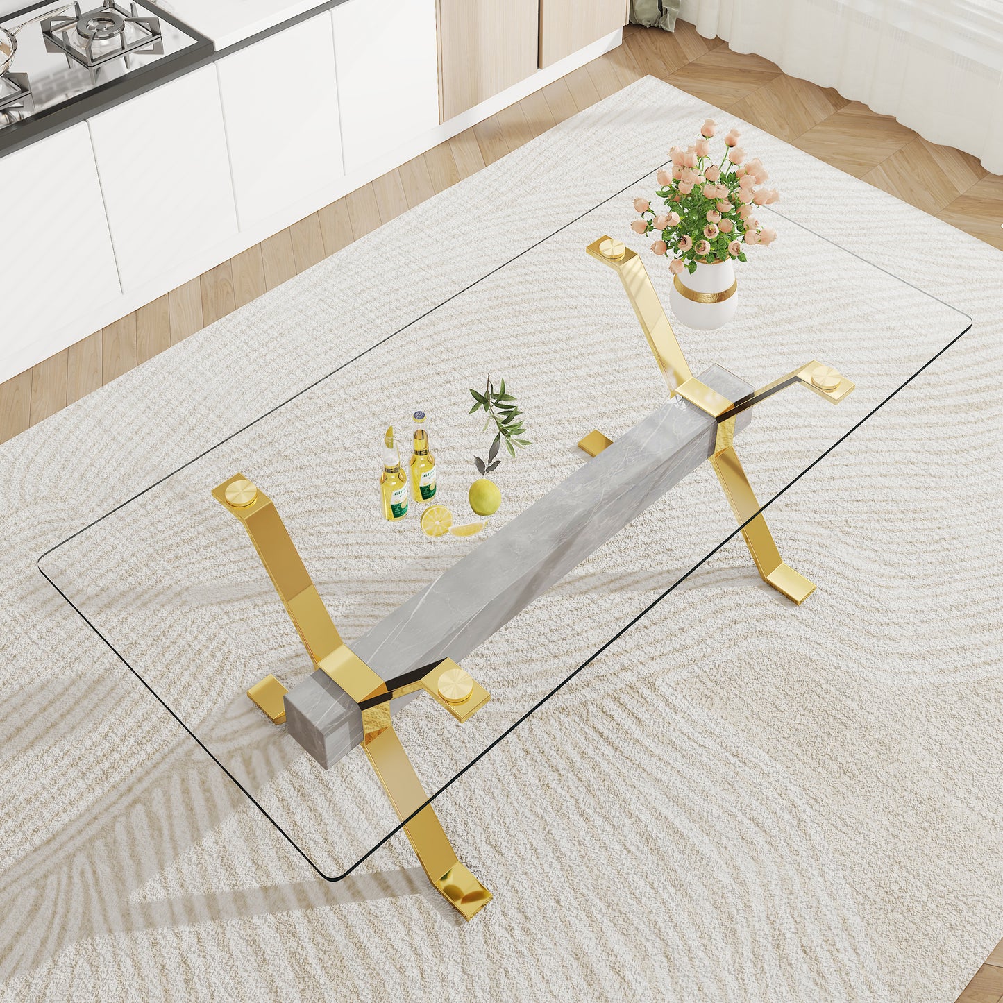 Modern Tempered Glass Dining Table, Large Office Desk with Gold Plated Metal Legs and MDF Crossbars