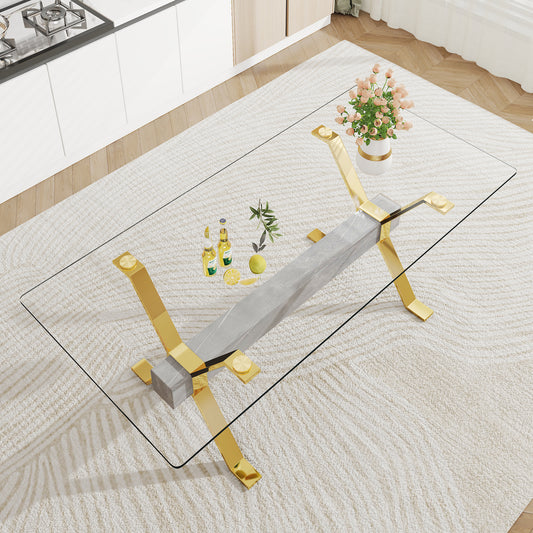 Mesa de comedor moderna de vidrio templado, escritorio de oficina grande con patas de metal chapado en oro y barras transversales de MDF