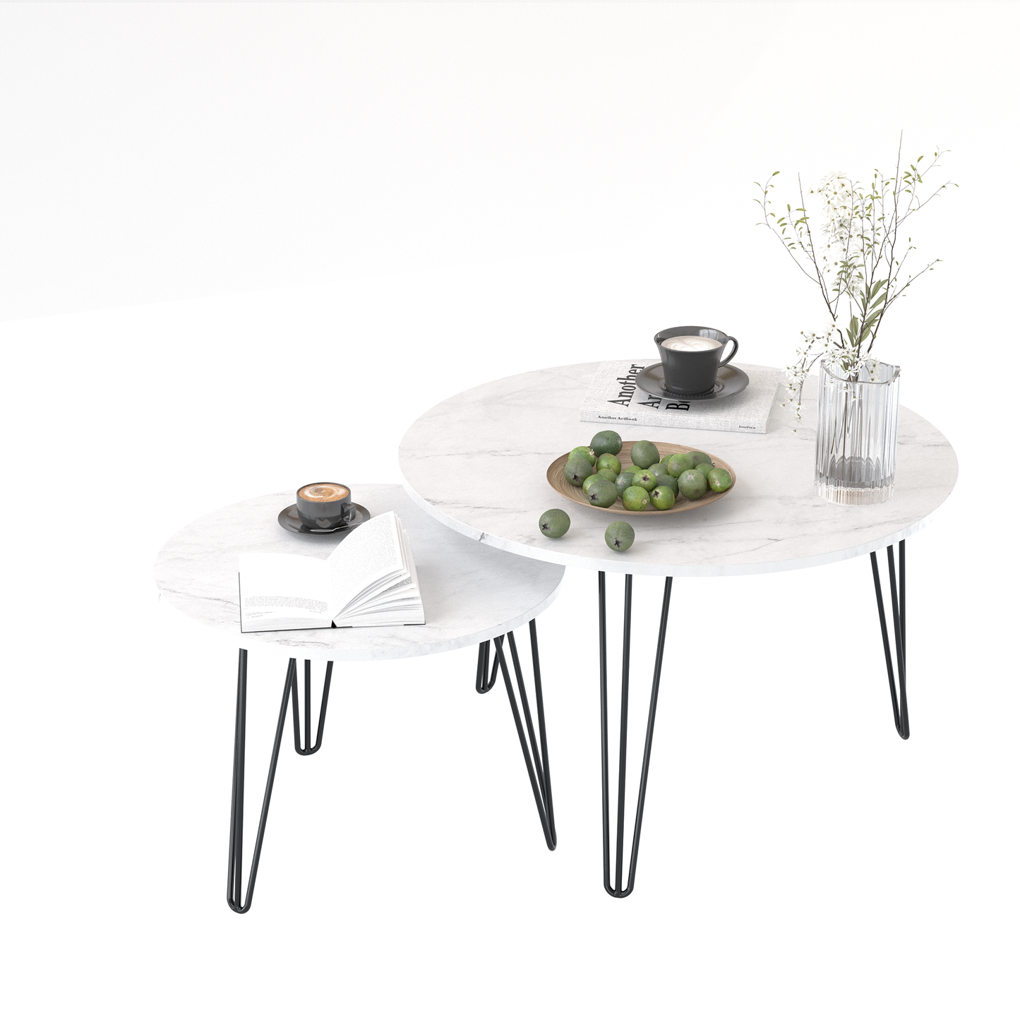 27.56'' Round Nesting Coffee Table Set of 2, Circular Nesting End Table Set Sturdy Metal Base for Living Room, bedroom, White