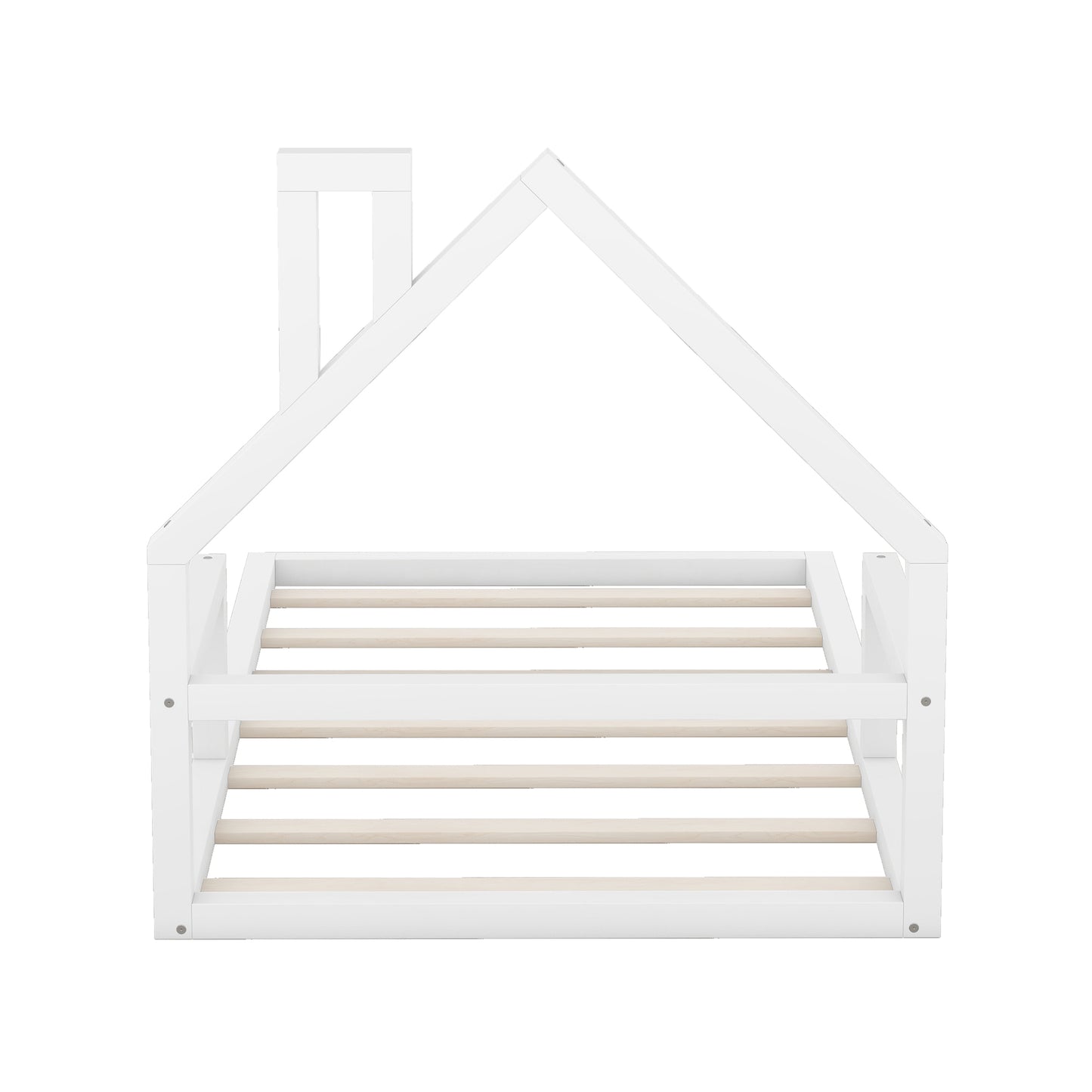 Twin Size Wood Floor Bed with House-shaped Headboard  White