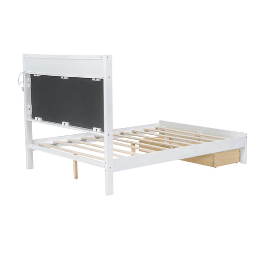 Wood Full Size Platform Bed with Upholstered Headboard and LED and 2 Drawers, Antique White