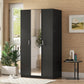 3 Door Wardrobe with Mirror, Armoire with Hanging Rod and 3 Fixed Shelves,Black