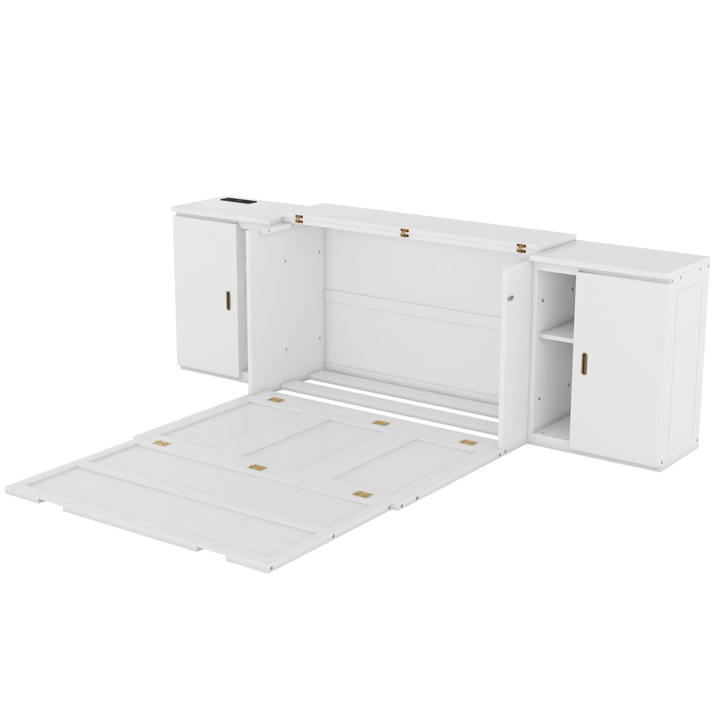 Cama plegable de tamaño completo con estantes, gabinetes y puertos USB, diseño que ahorra espacio en acabado blanco