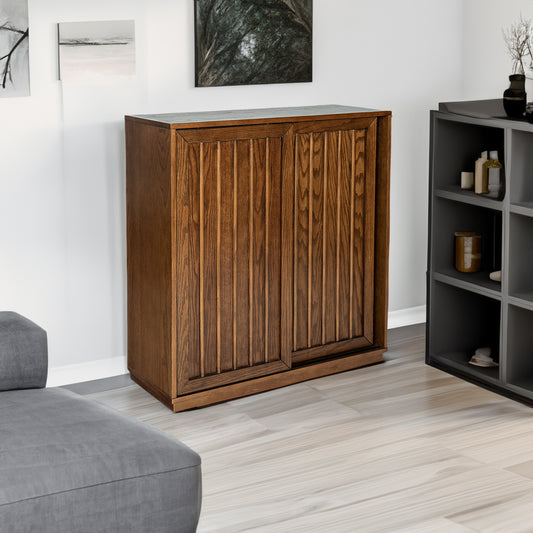 Medieval Side Panel with 2 Sliding Doors and Solid Wood Decorative Strips, Storage Cabinet Design