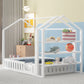 Full Size Wood House Bed with Fence and Detachable Storage Shelves, White