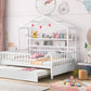 Wooden Full Size House Bed with Twin Size Trundle Kids Bed with Shelf White