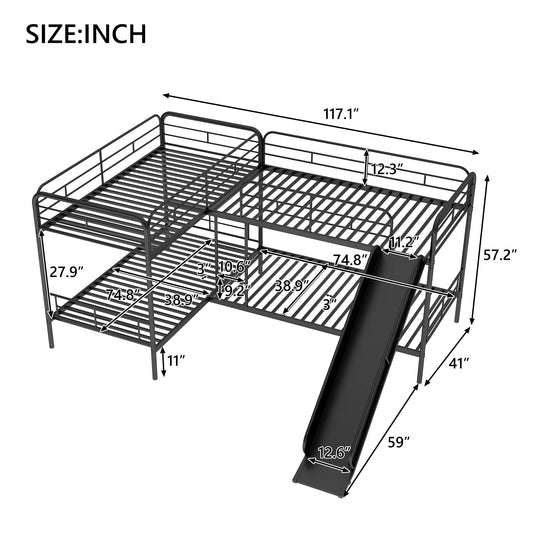 Twin Size L-Shaped Bunk Bed with Slide and Ladder  Black