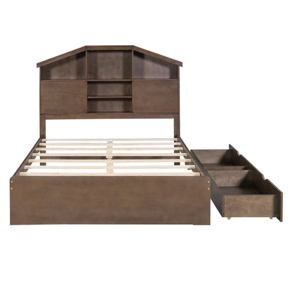 Full Platform Bed with Storage Headboard Walnut