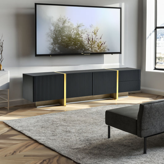 Luxury Fluted TV Stand for TVs Up to 80'', Modern Entertainment Center with Storage Cabinets & Drawers Black