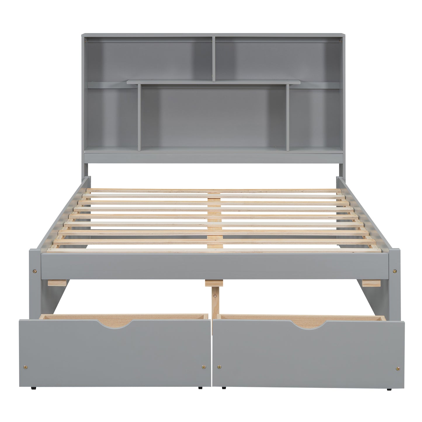 Full Size Platform Bed with Storage Headboard and 2 Drawers, Gray