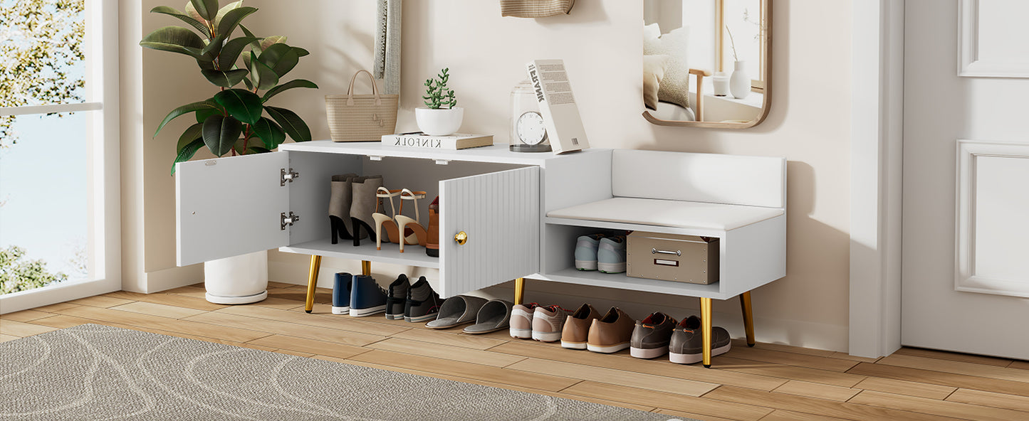 Modern Shoe Storage Bench with Hidden Storage and Upholstered Cushions, White Finish