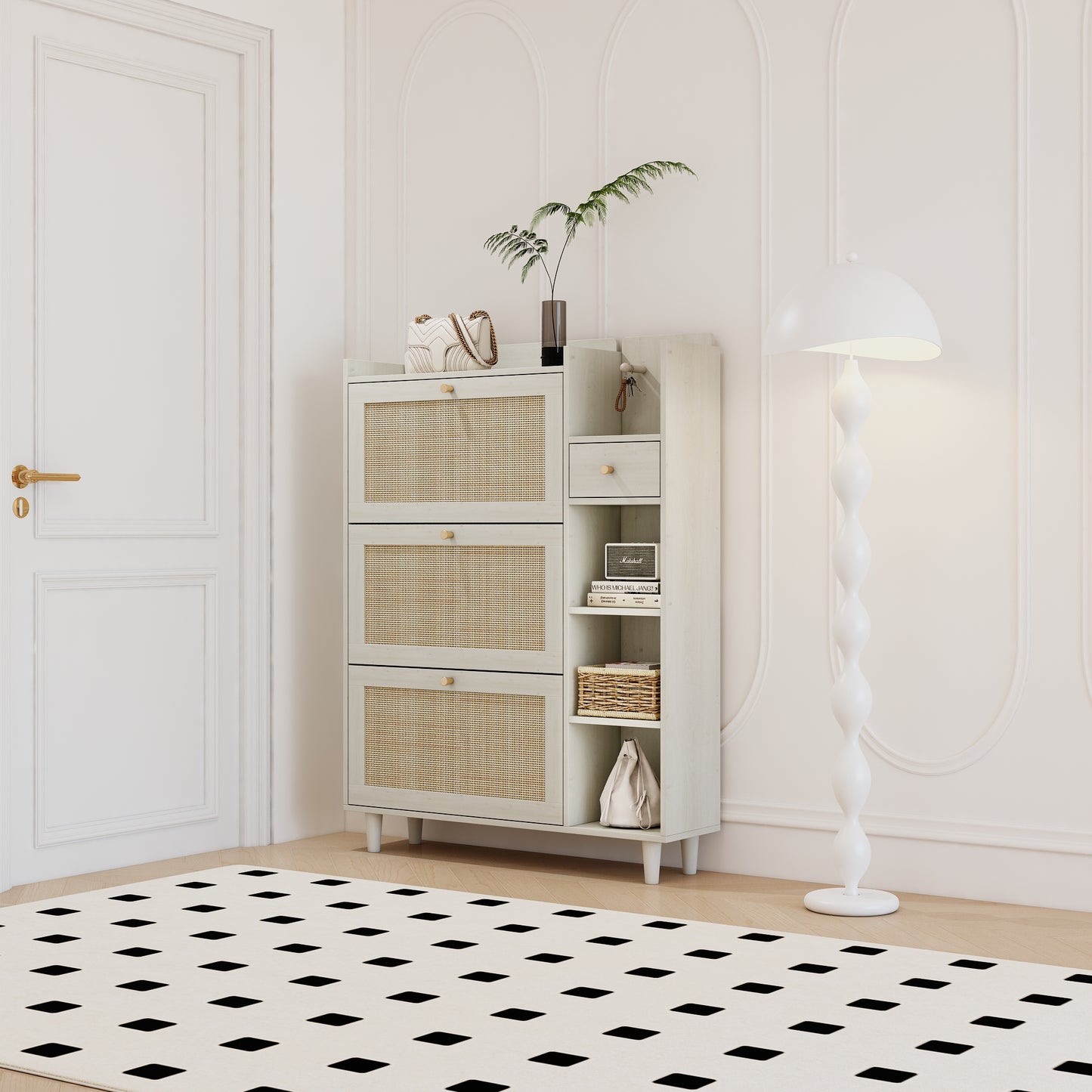 Natural Bohemian style shoe cabinet with 3 rattan flip drawers, 3 square shelves, and 1 storage drawer, white