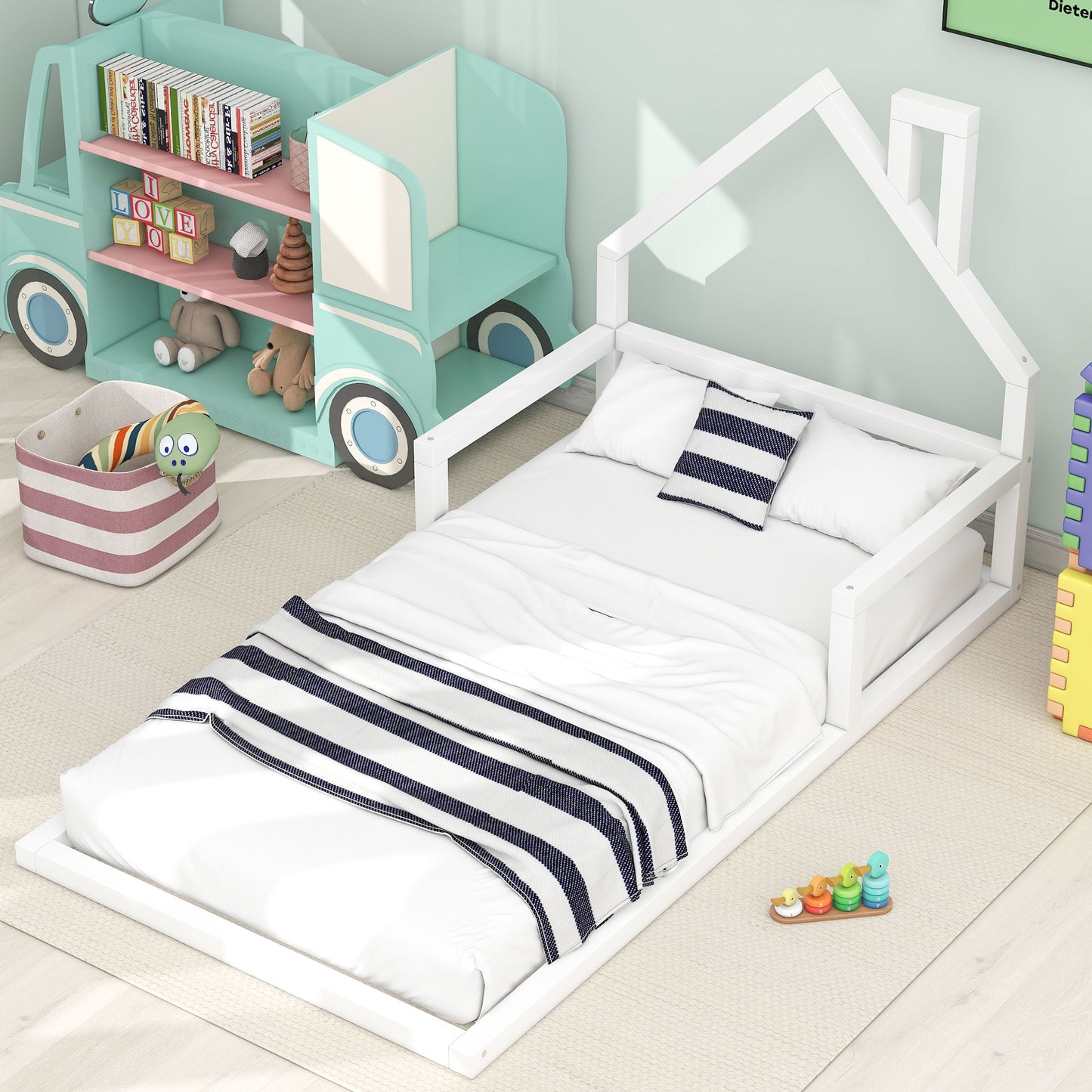 Twin Size Wood Floor Bed with House-shaped Headboard  White