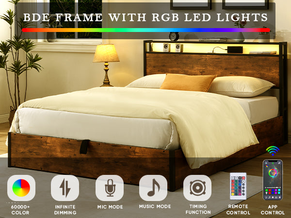 Elevating storage bed frame, full-size bed frame with bookshelf headboard and LED lights, with country brown color