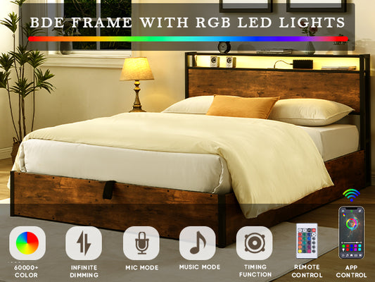 Elevating storage bed frame, full-size bed frame with bookshelf headboard and LED lights, with country brown color