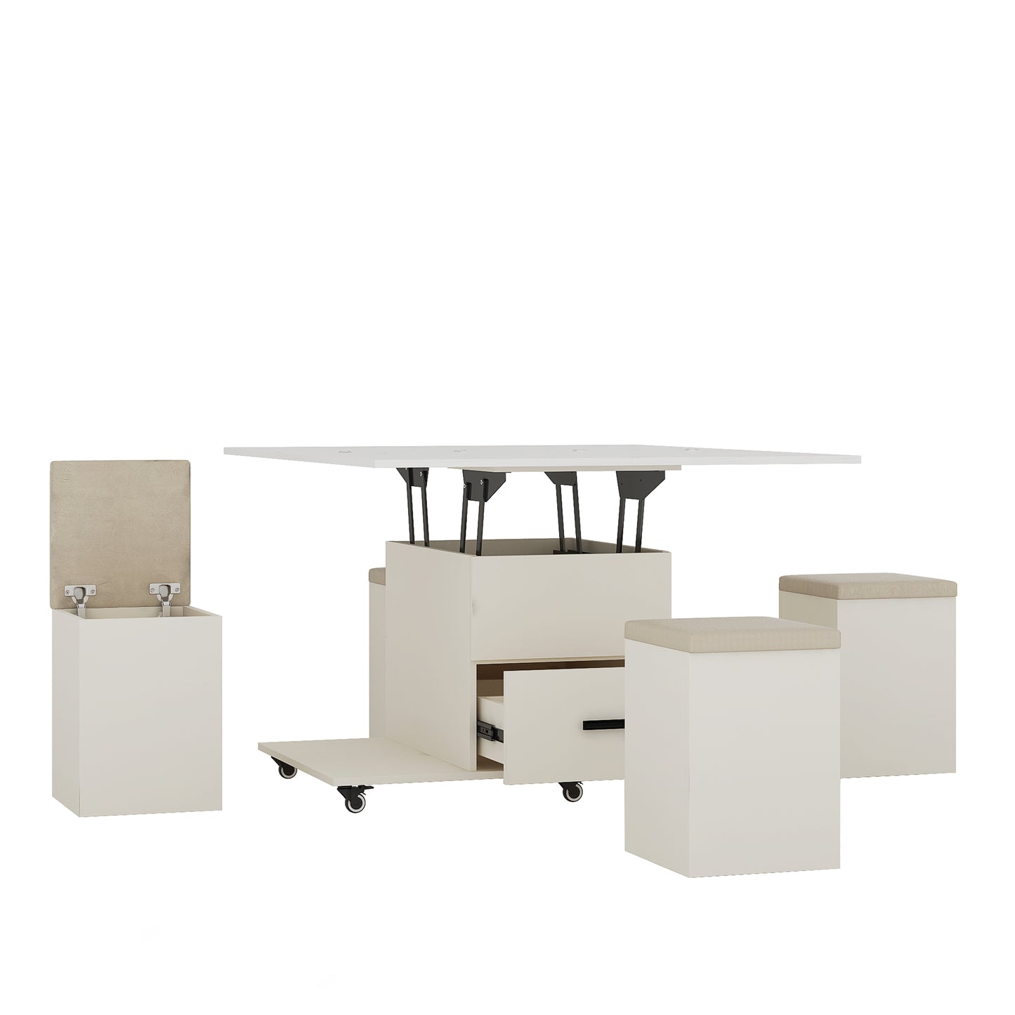 Mesa de centro elevable moderna con 4 sillas, diseño expandible con almacenamiento oculto y 2 cajones