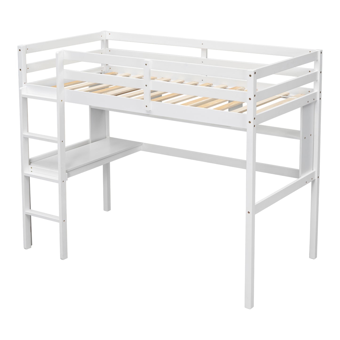 Twin Loft Bed with built-in desk and bookcase of three compartments, Guardrails and Ladder,White