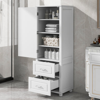 Tall Bathroom Storage Cabinet with 2 Drawers and Adjustable Shelf, White MDF Board Design