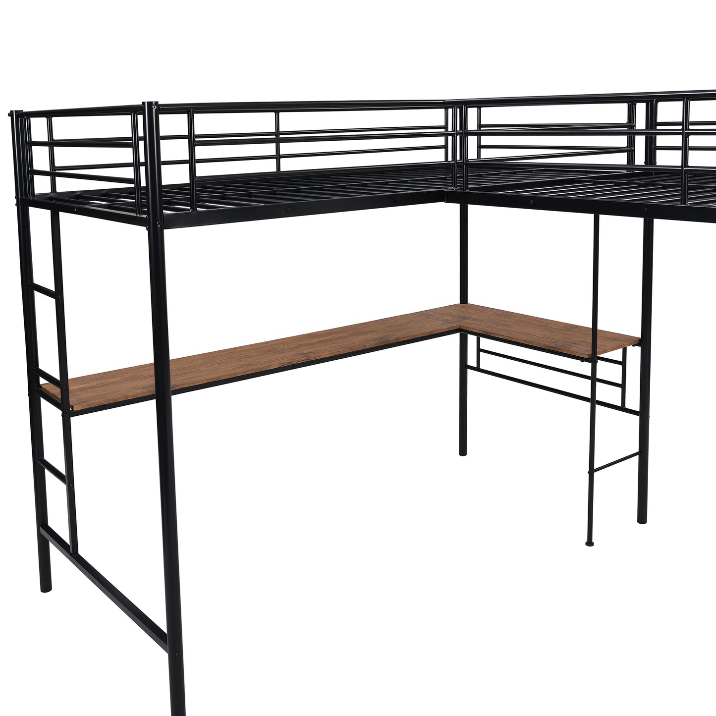 Twin Size Metal Loft Bed with Two Built-in Desks Black