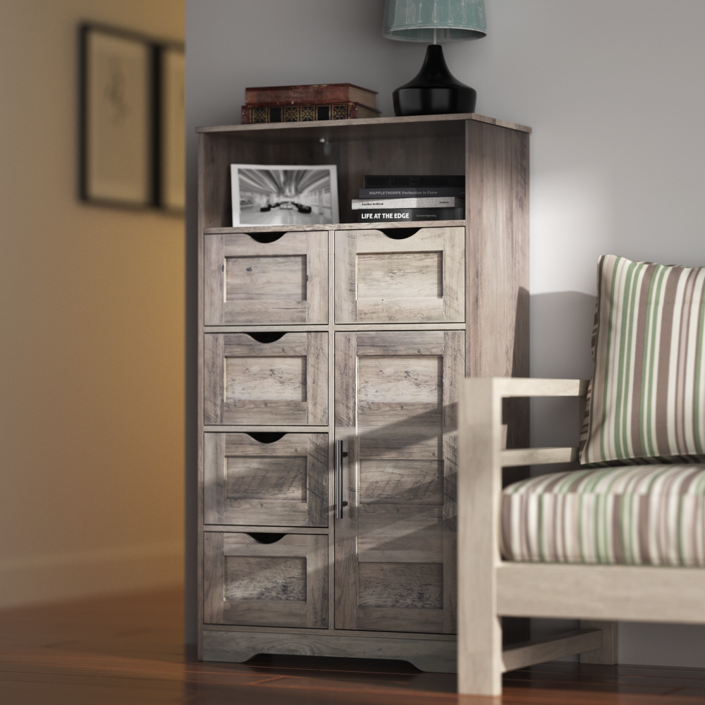 5 Drawers Storage Cabinet with Adjustable Shelves, Bathroom Cabinet with Doors, Floor Cabinet for Living Room Grey