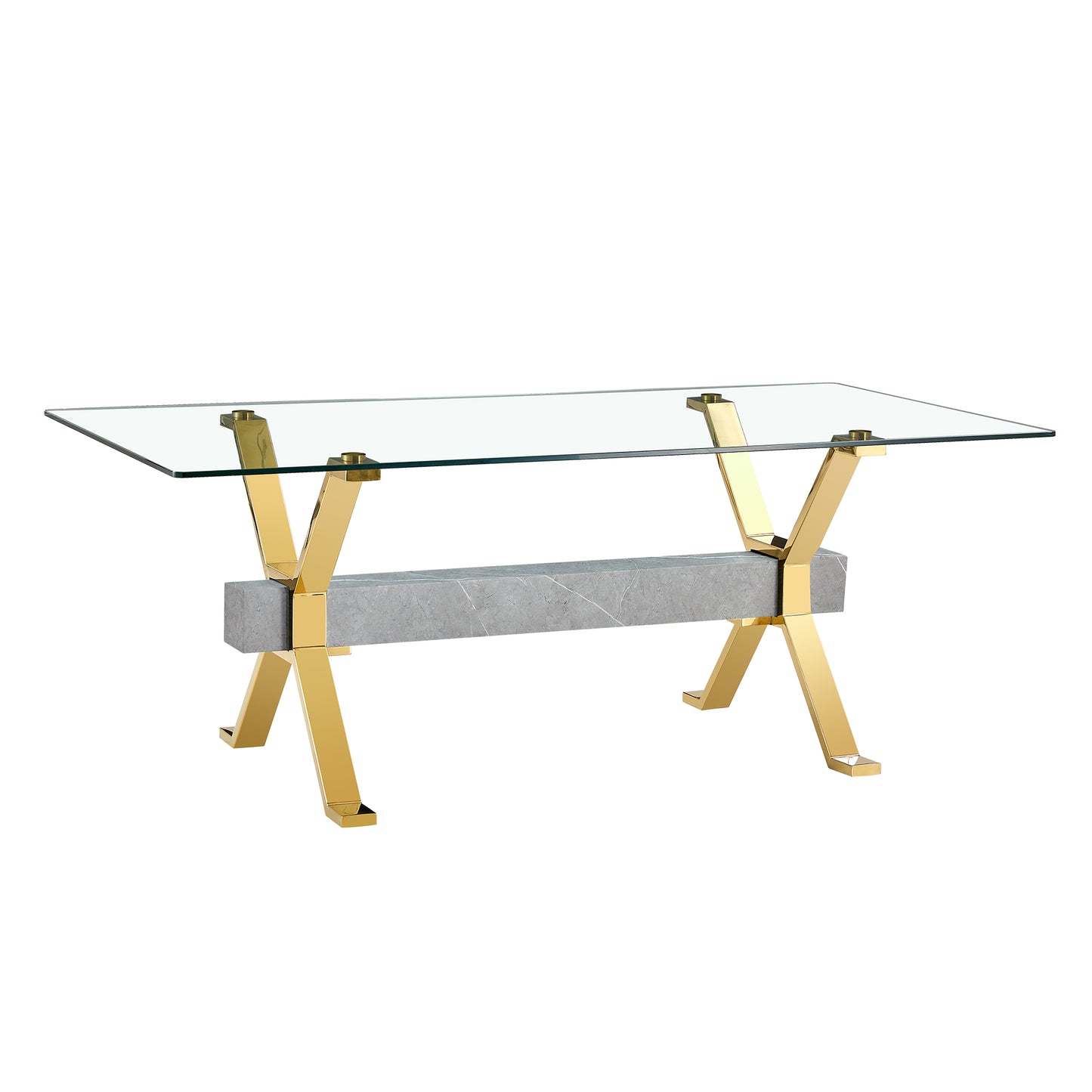 Modern Tempered Glass Dining Table, Large Office Desk with Gold Plated Metal Legs and MDF Crossbars