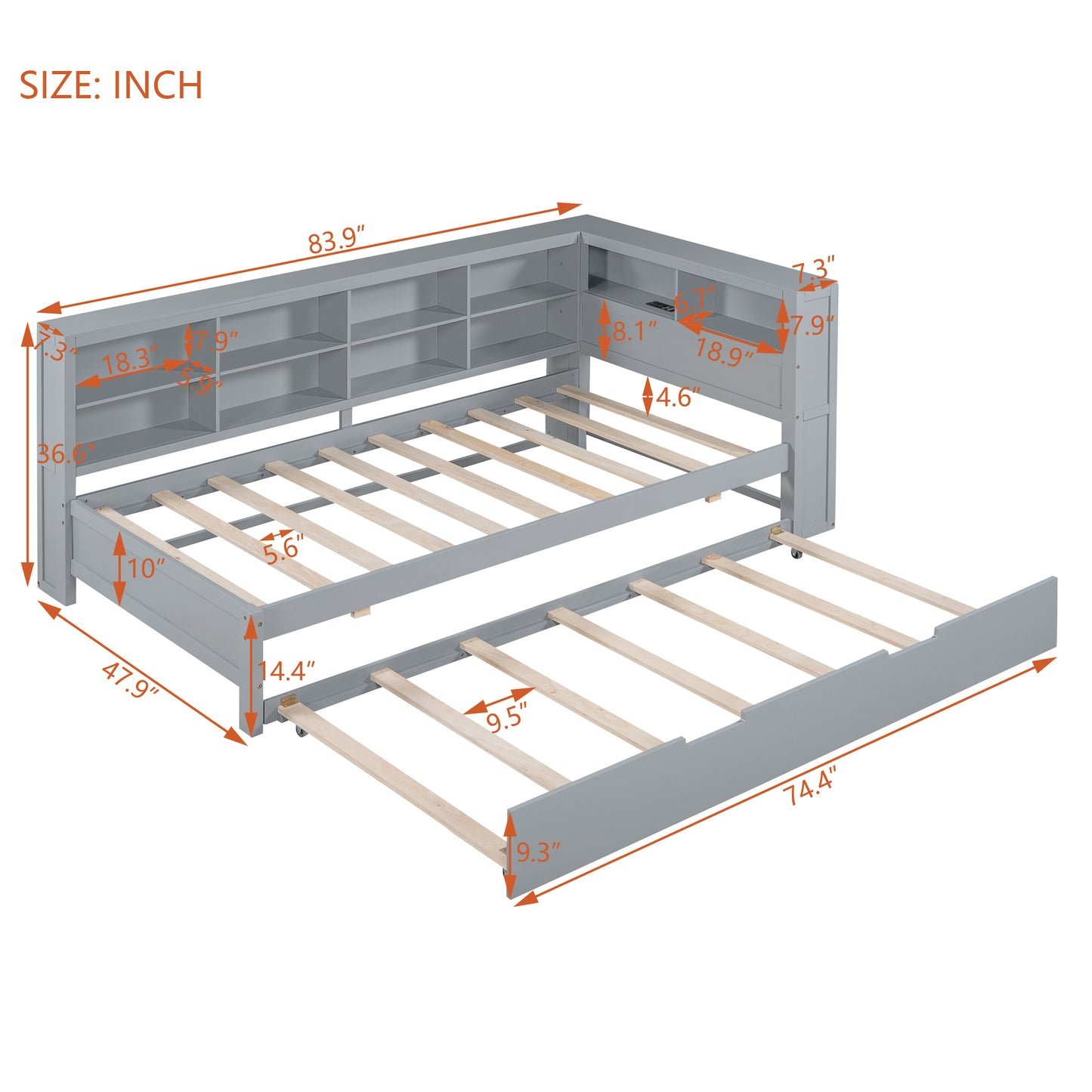 Wooden Twin Size DayBed with Twin Size Trundle, DayBed with Storage Shelf and USB Charging Ports,Grey