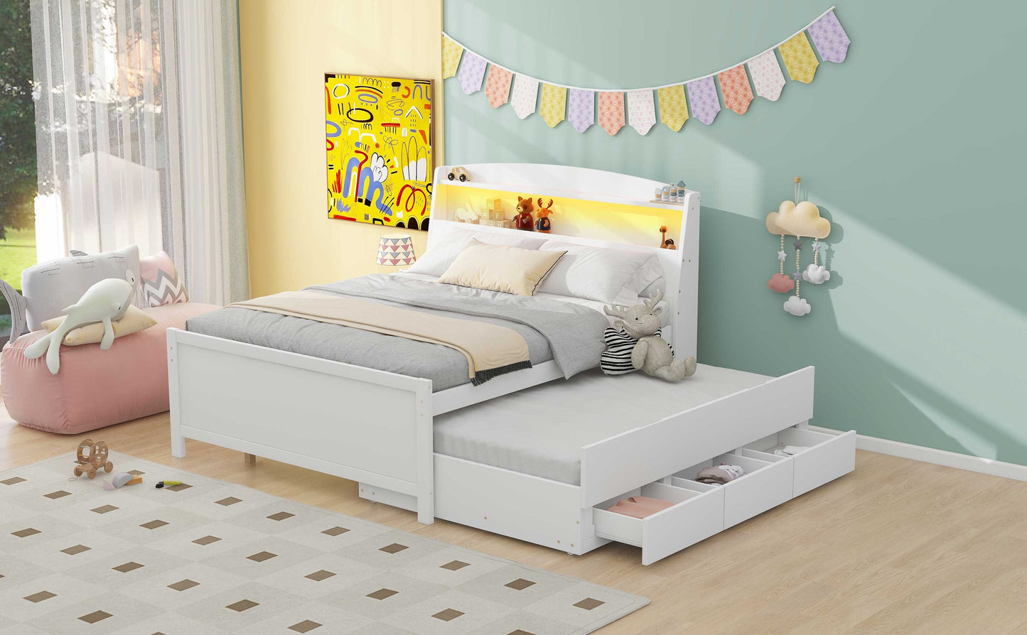 Full Size Platform Bed with Storage LED Headboard  Twin Size Trundle and 3 Drawers White