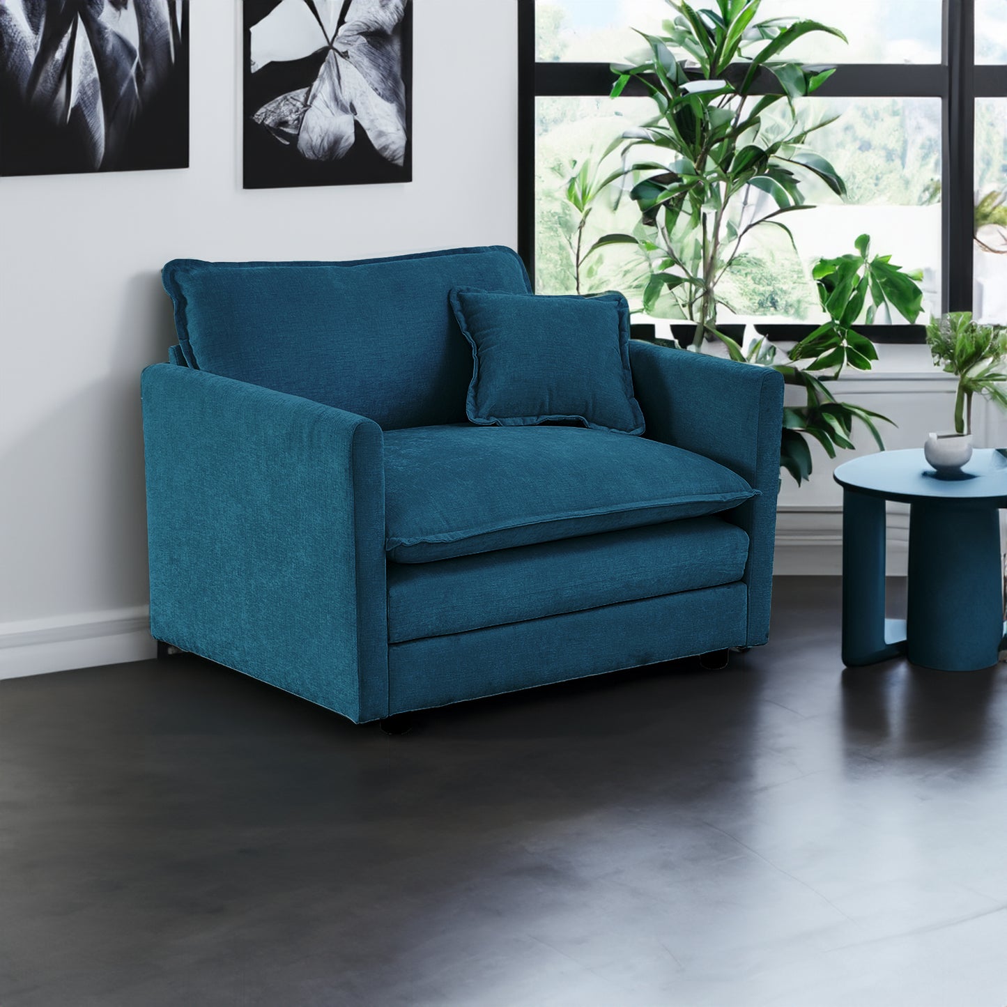 Comfy Deep Single Seat Sofa Upholstered Reading Armchair Living Room Chair Blue Chenille Fabric , 1 Toss Pillow