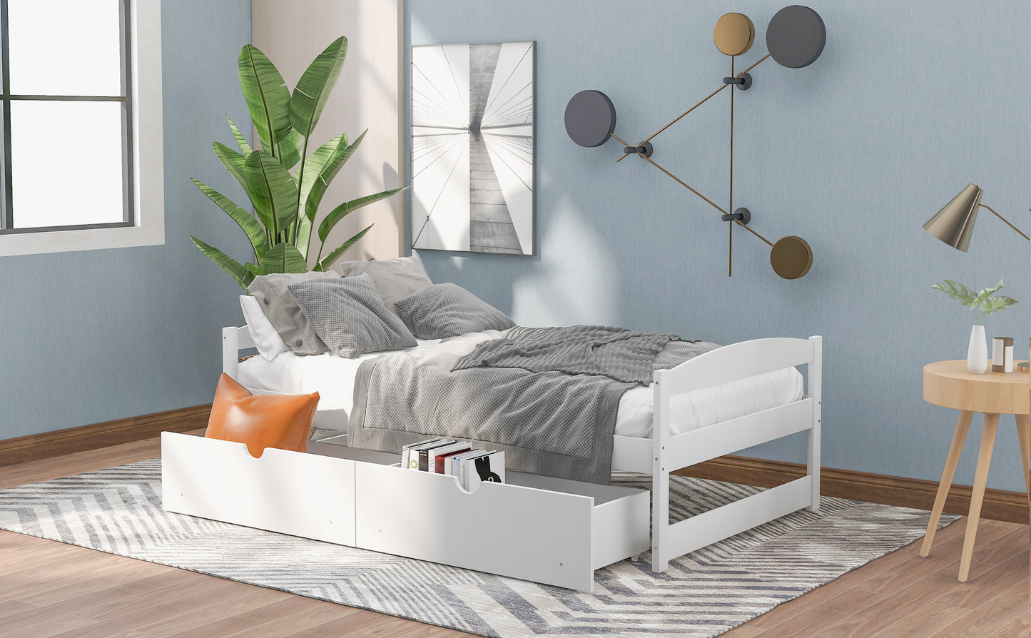 Twin size platform bed, with two drawers, white