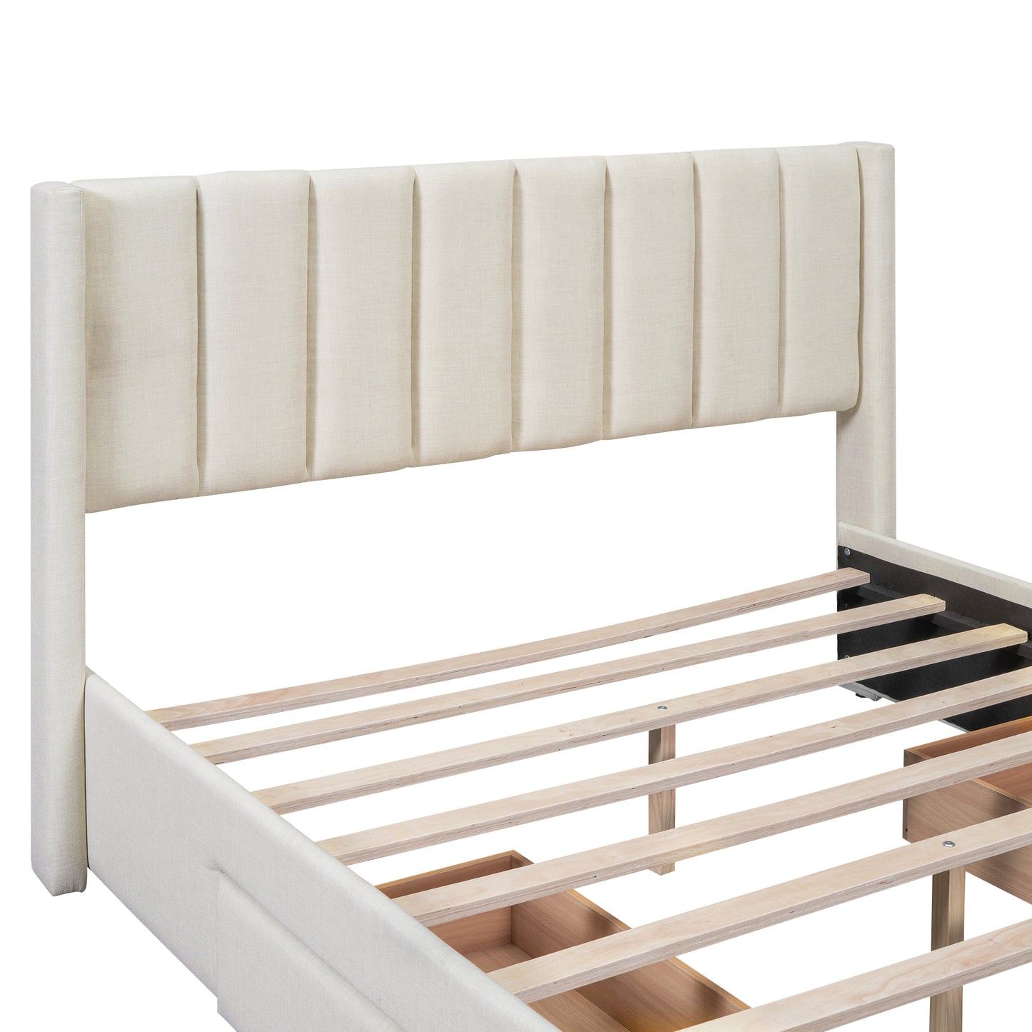 Full Size Upholstered Platform Bed with One Large Drawer in Footboard and Drawers on Each Side, Beige