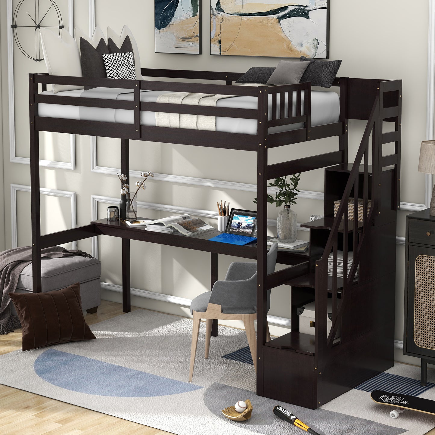 Twin Size Loft Bed with Storage Staircase and Built-in Desk Espresso