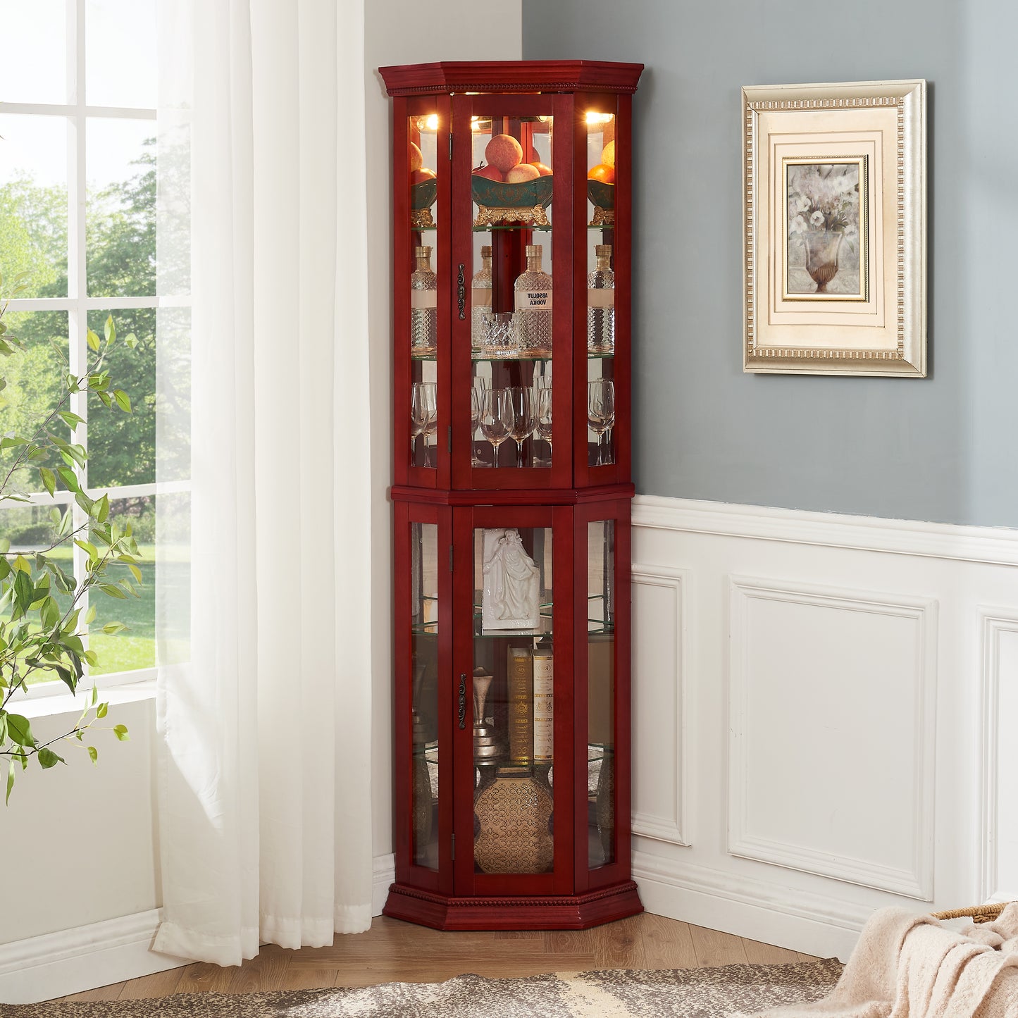 Corner Curio cabinet with illuminated glass display stand and tempered glass door, with adjustable bracket and light bulb