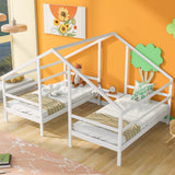 Double Twin Size Triangular House Beds with Built-in Table White