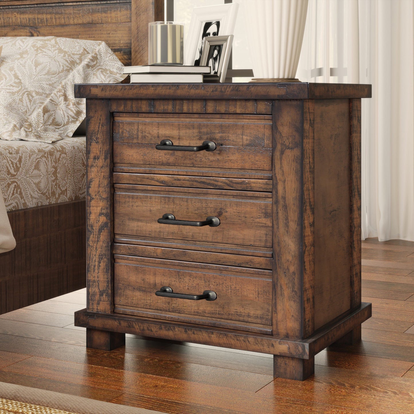 Rustic Three-Drawer Reclaimed Solid Wood Nightstand, Farmhouse Style for Bedrooms