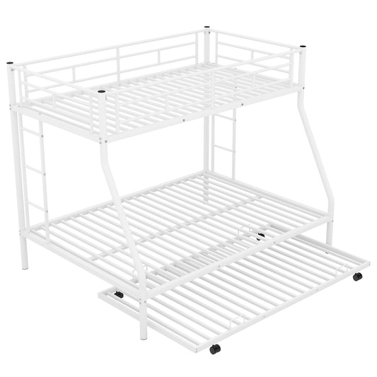 Twin over Full Bed with Sturdy Steel Frame Bunk Bed with Twin Size Trundle  Two-Side Ladders  White