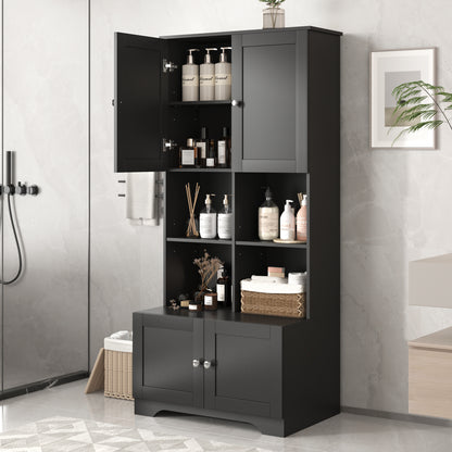 Bathroom storage cabinet, 4-door independent cabinet, adjustable shelf, open multi-layer shelf, black