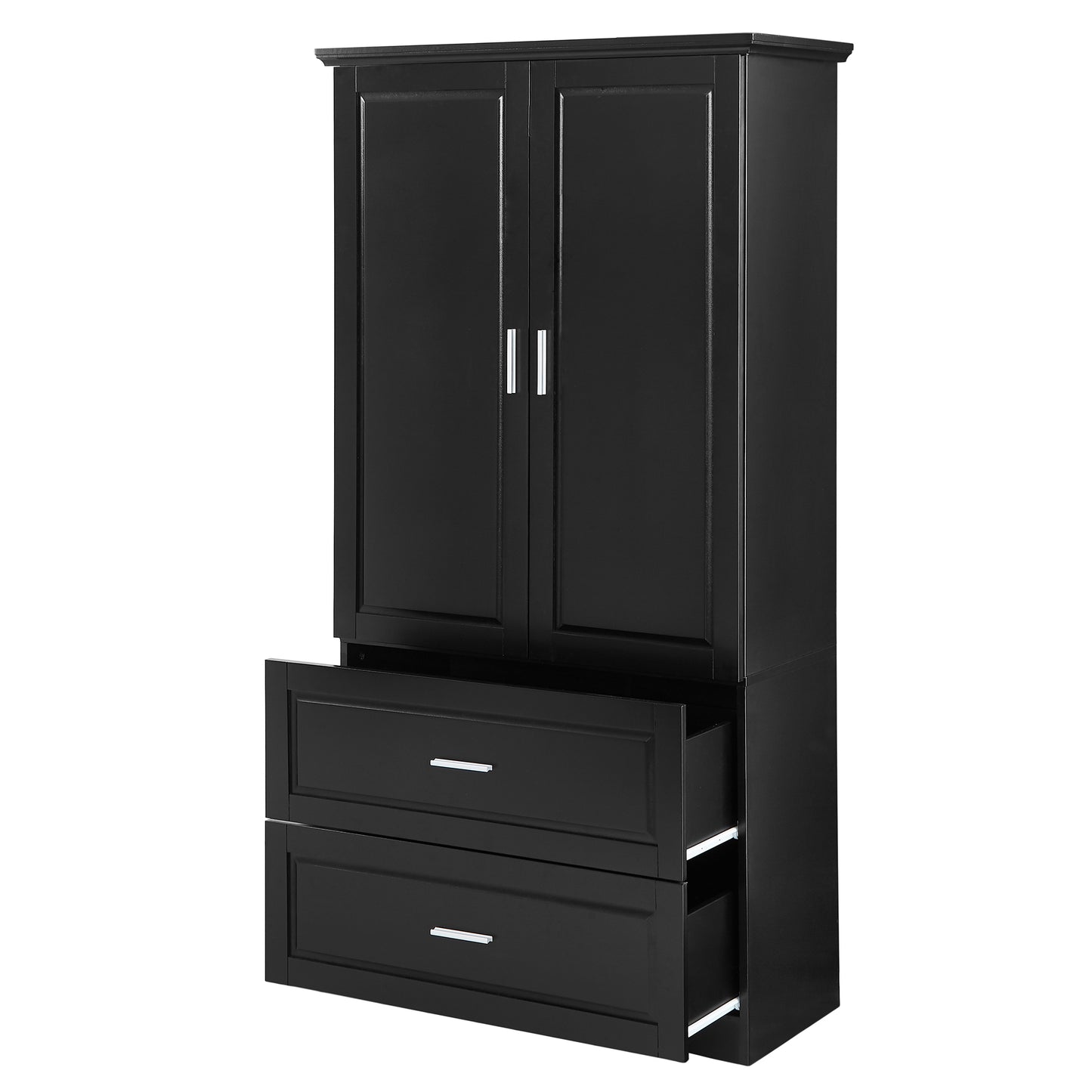 Mueble de baño alto con dos puertas y cajones, estante ajustable, tablero MDF, acabado negro