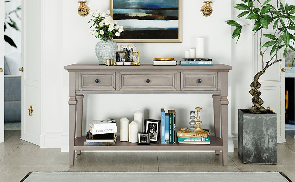 TREXM Classic Retro Style Console Table with Three Top Drawers and Open Style Bottom Shelf (Gray Wash)