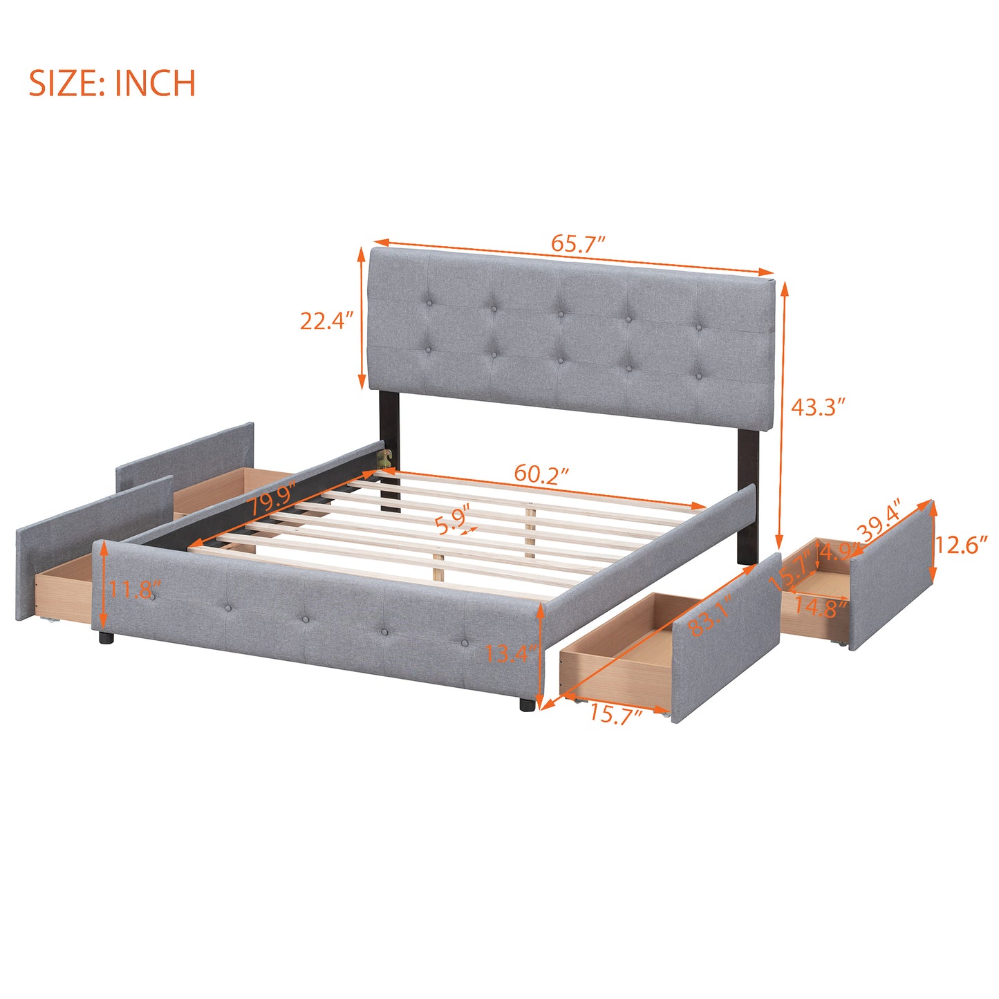 Upholstered Platform Bed with Classic Headboard and 4 Drawers No Box Spring Needed Linen Fabric Queen Size Light Gray