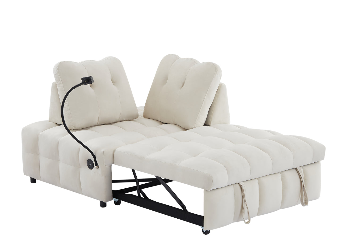 Modern Velvet Sofa Bed with Removable Backrest, USB Port, and Swivel Phone Stand, Beige