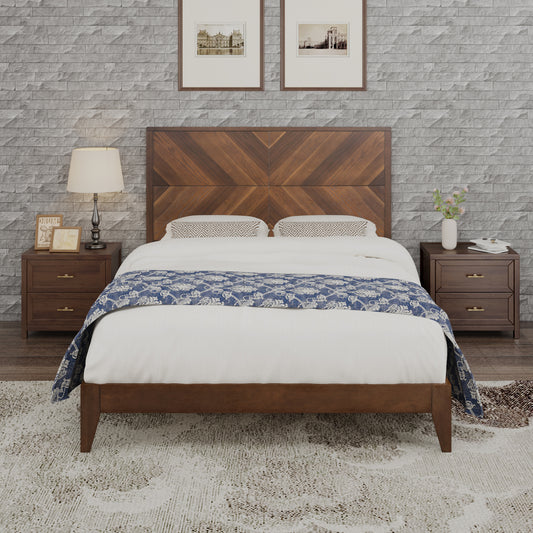 Mid-Century Modern Platform Bed Wood Slat Support with No Box Spring Needed,Queen, Walnut