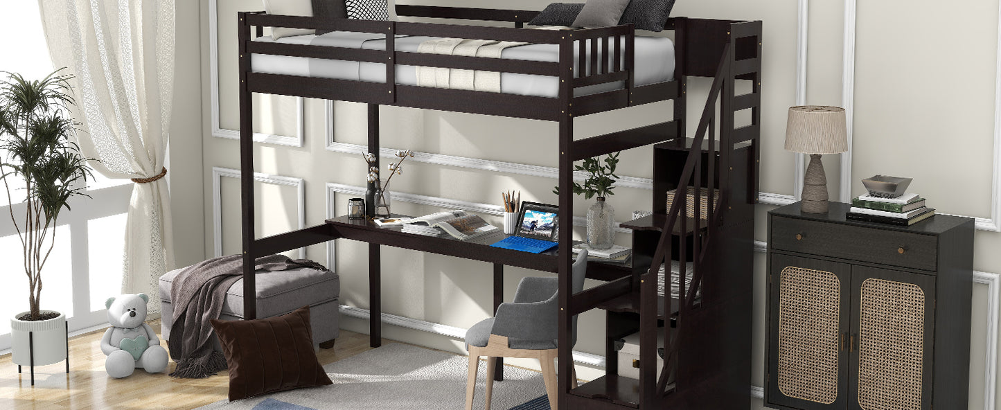 Twin Size Loft Bed with Storage Staircase and Built-in Desk Espresso